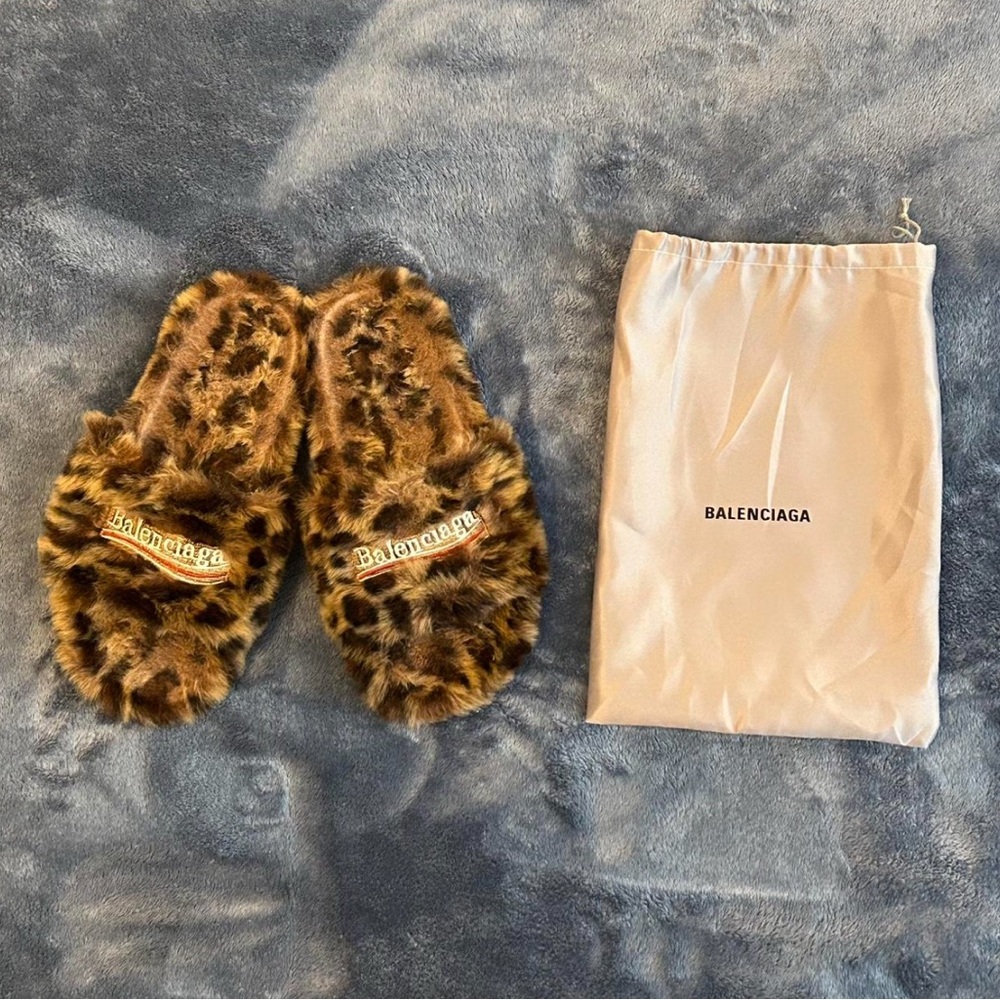 Balenciaga Brown Leopard Faux Fur Slide Slippers - Picture 1 of 3